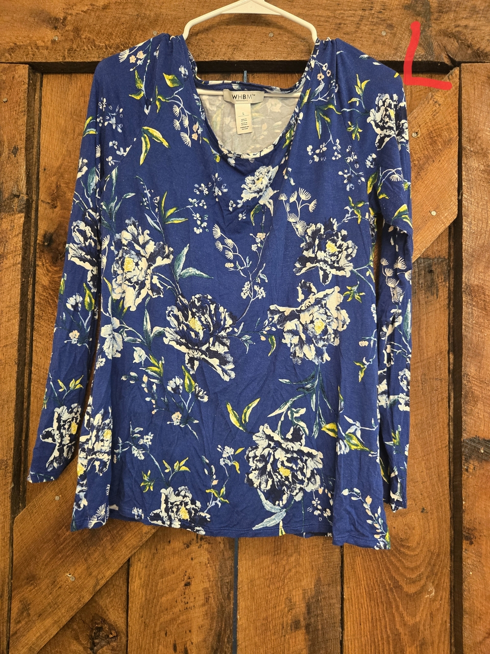 White House Black Market Royal Blue Floral Long-Sleeve Scoop Neck Top